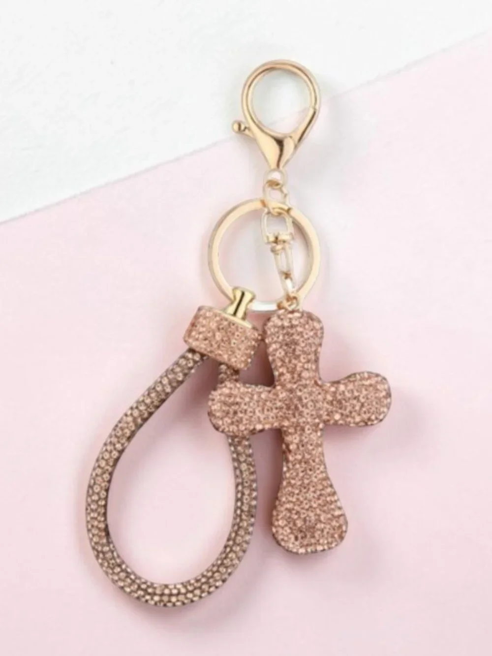 Rose Gold Metal Crystal Stone Cross Shaped Pendant Key Chain Handbag Charm